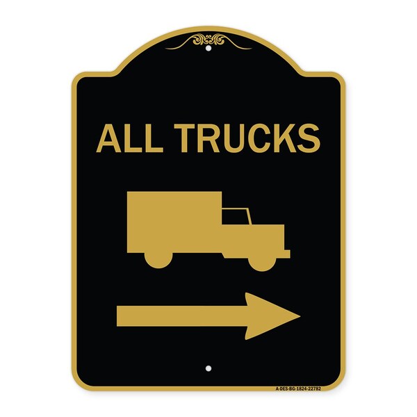 Trucks Sign All Trucks W/ Truck & Right Arrow, Black & Gold Aluminum Sign, 18" x 24", BG-1824-22782